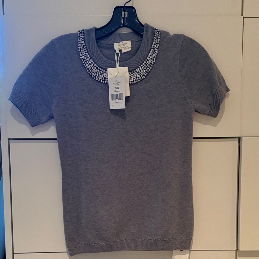 Embellished Collar Short Sleeve Sweater - Gray